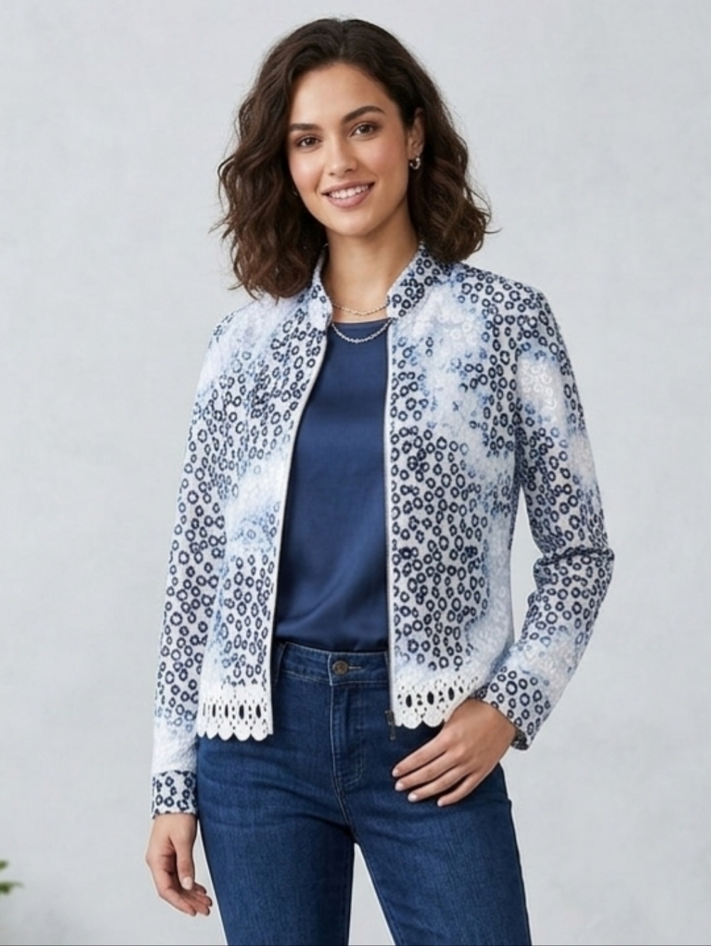 NESS Lace Bottom Jacket Womens Blue White SZ M